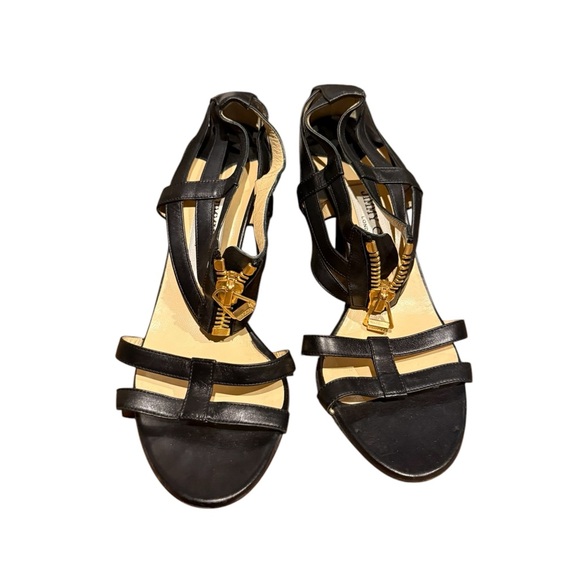 JIMMY CHOO Black Leather Strappy Sandals Sz 37.5Gold Zipper-GREAT COND.FREE SHIP - Picture 2 of 5